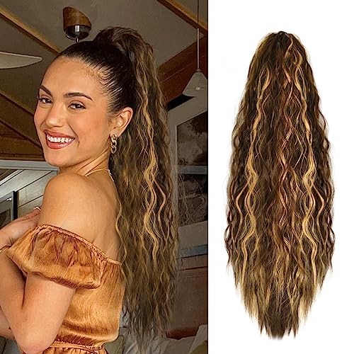 Wavy Ponytail Extension Claw Clip, 22 Inch Corn Wave Pony Tail Synthetic Brown Mixed Blonde Hair for Women Girls